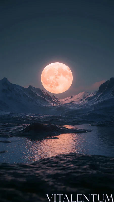Rose-gold moon leans low and turns icy valley into ember