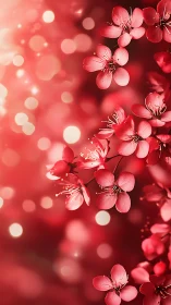 Red Blossom Cluster with Bokeh Depth Field and Luminous Particle Diffusion.