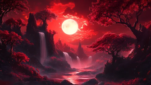 Red lunar valley with waterfalls under glowing full moon.