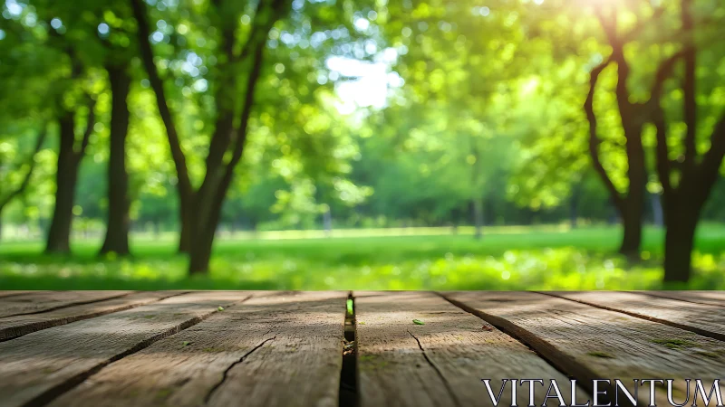 Wooden Deck Overlooks Sunlit Park Canopy.