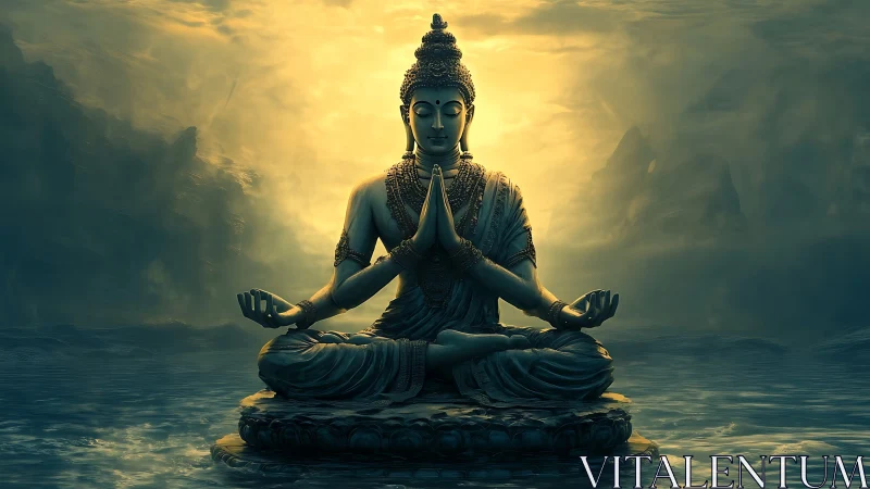 Luminescent meditative deity over atmospheric tidal waters.