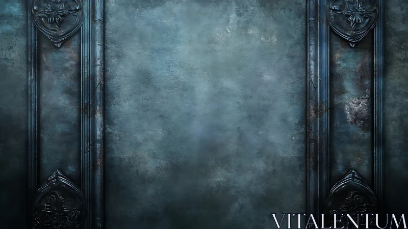 Weathered teal wall with ornate dark metal framing details.