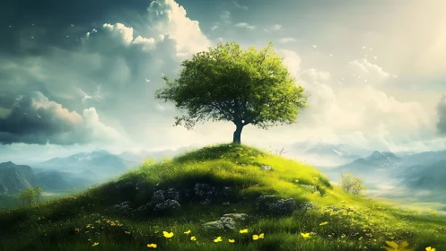 Solitary green tree crowning a sunlit hilltop meadow.