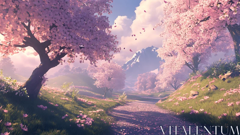 Procedural cherry blossom valley under volumetric spring light.
