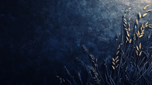 Golden grass blades against dark textured blue wall.