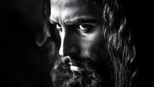 Intense monochrome portrait with dramatic side lighting.
