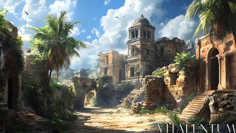 Sunlit tropical citadel ruins under volumetric cloudscape.