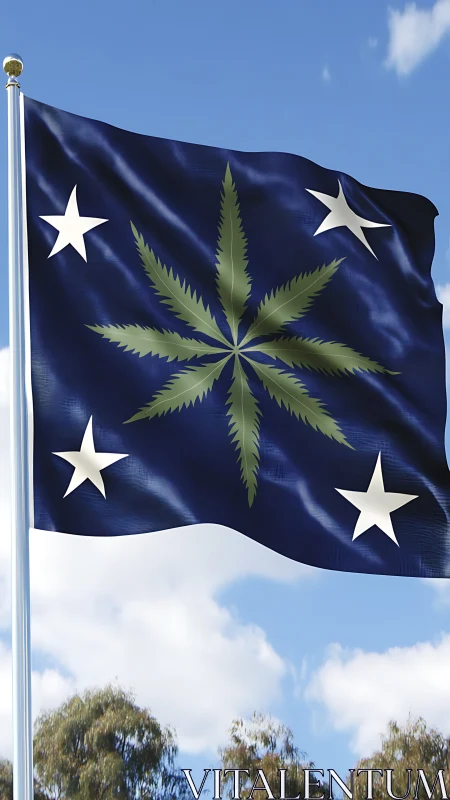 Blue flag with cannabis leaf and four white stars outdoors.
