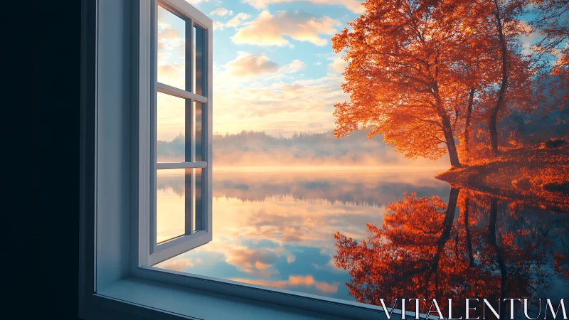 Open window to calm autumn lake and sunrise glow.