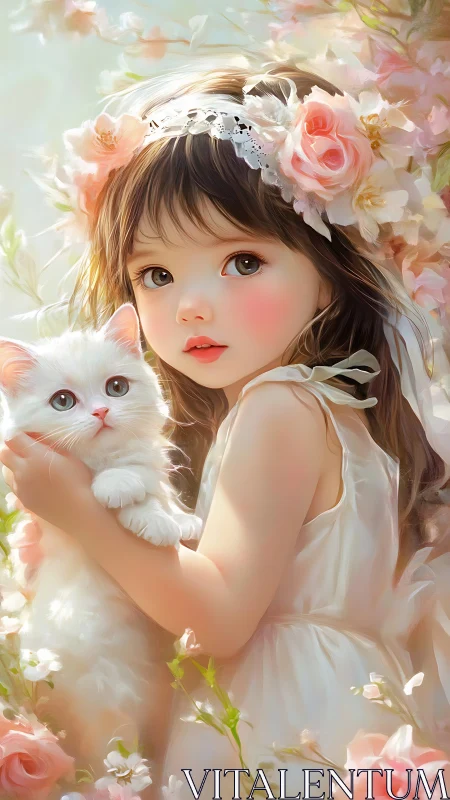 Young girl holding white kitten in luminous floral garden