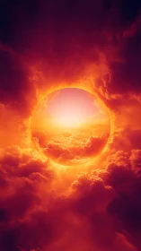 Fiery circular sun portal framed by glowing orange clouds.