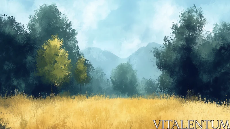 Golden grass meadow before forested ridge under hazy mountains