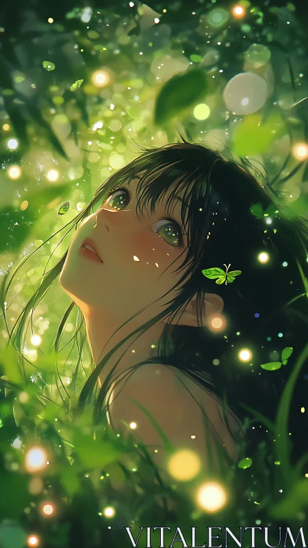 Luminous forest portrait of green-eyed girl with firefly bokeh