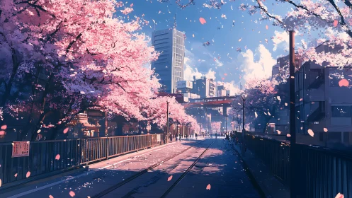 Urban cherry blossom avenue with rail tracks at dusk.