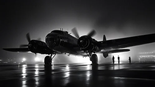 Midnight bomber waits in silver rain and runway haze.