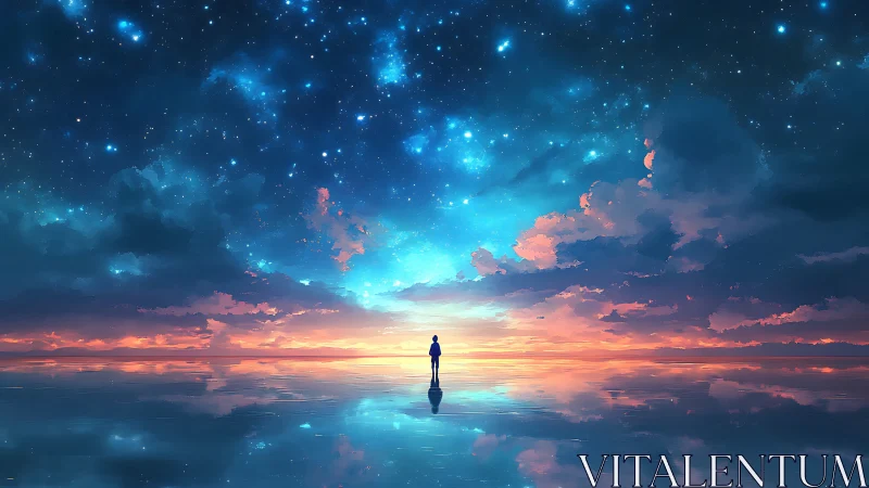 Solitary human figure stands on reflective water under stars