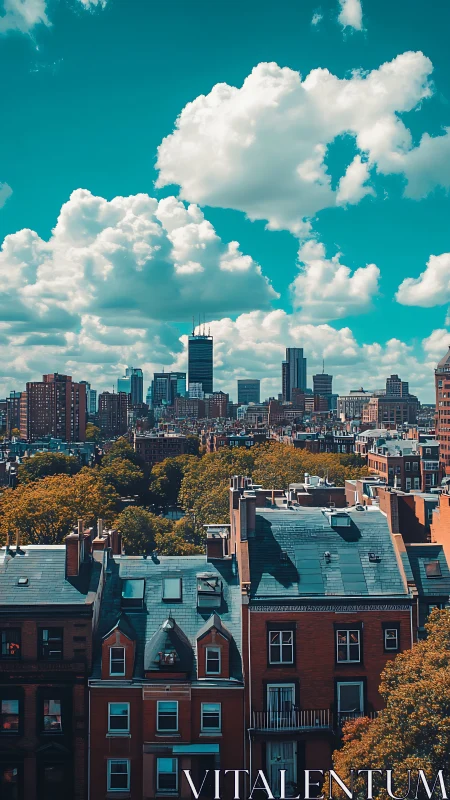 Sunlit city rooftops rest beneath bright clouds and blue sky