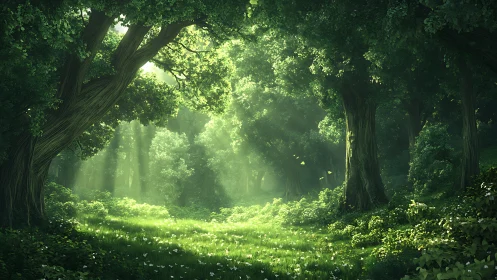 Sunlit Forest Clearing With Ancient Trees and Verdant Sanctuary
