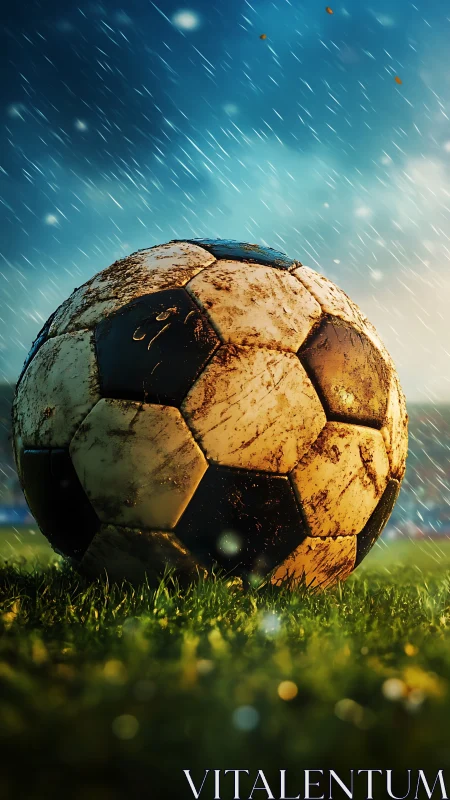 Mud-splattered soccer ball rests on wet grass in rainfall.