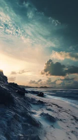 Storm-tinted coastal shoreline under dramatic sunset sky