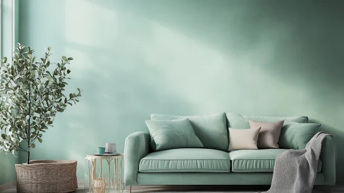 Soft mint living room vignette shows balanced tonal minimalism