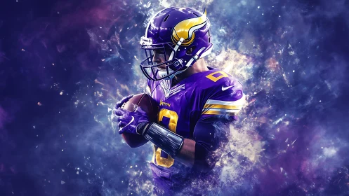 Galactic gridiron warrior cradling destiny in purple storm.