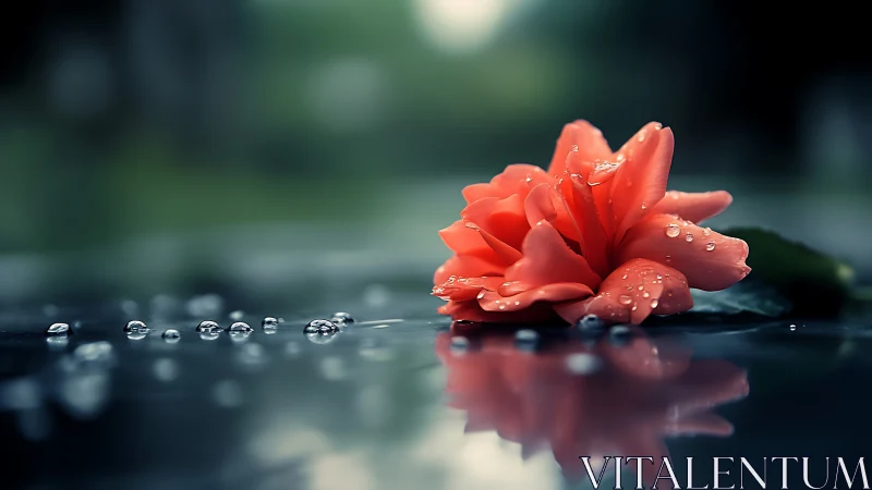 Single coral flower with raindrops on reflective wet surface.