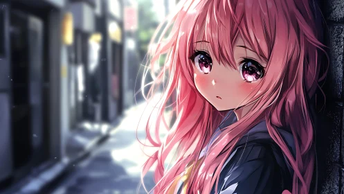 Melancholic pink haired schoolgirl gazes down empty alley