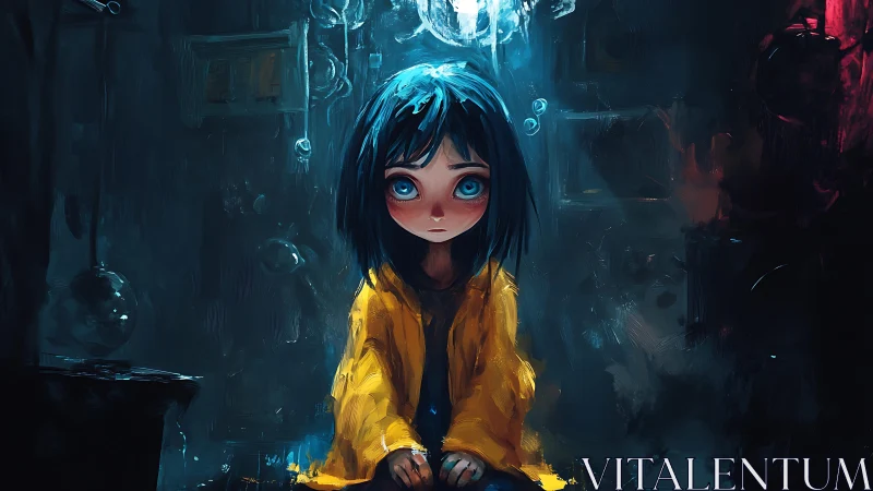 Melancholic blue-haired child in yellow coat rendered in moody oils