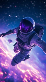 Astronaut drifts above neon clouds in cosmic twilight.