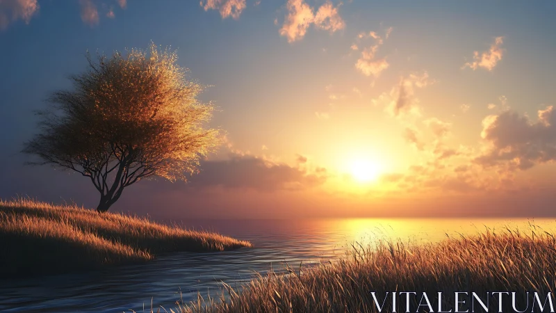 Digital painting sunset shoreline with luminous solitary tree.