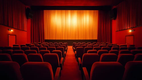 Empty red cinema auditorium with illuminated golden screen curtain
