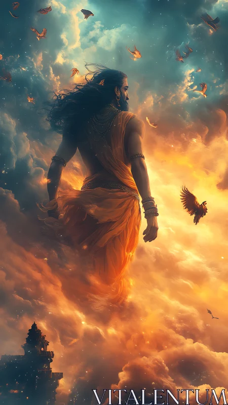 Mythic warrior strides through burning clouds at dawn