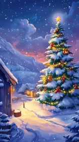 Cozy snowy village glowing around a magical Christmas tree.