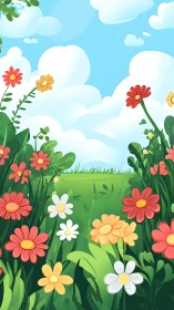 Chromatic wildflower meadow under stratified cumulus skyscape.