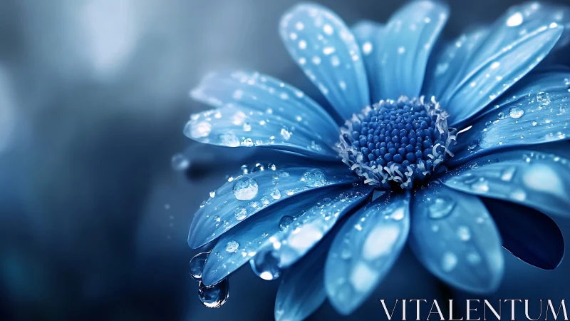 Blue daisy with water droplets glistens in soft focus light.