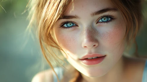 Copper-haired portrait with luminous blue eyes and freckles.