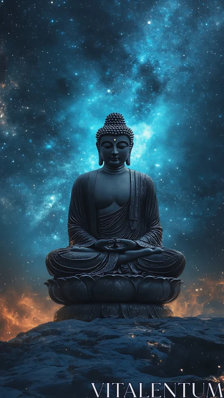 Serene Buddha statue meditates beneath luminous cosmic sky
