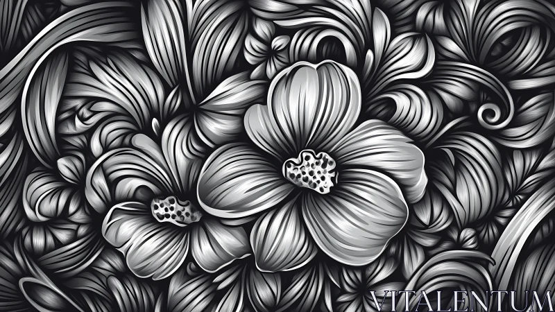Elegant Monochrome Floral Pattern with Intricate Line Work