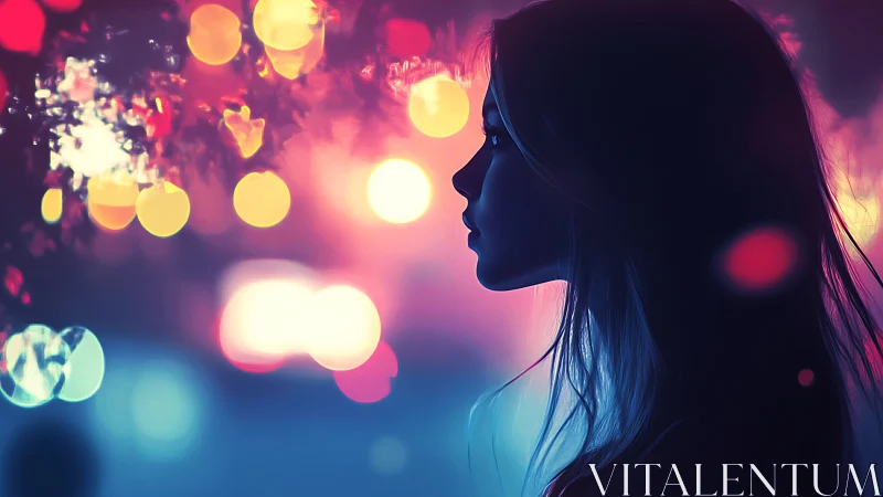 Side profile silhouette of woman against neon bokeh lights