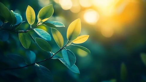 Sunlit green leaves in nature, soft bokeh background, tranquil mood.