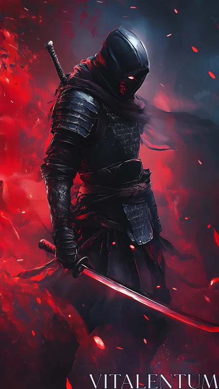 Armored cyber-ninja framed in dramatic red and cyan haze