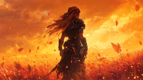 Solitary armored figure in sunset-illuminated field landscape.