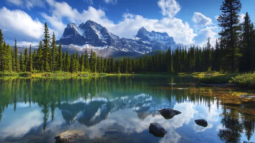 High dynamic range mountain lake with mirrored pine treeline