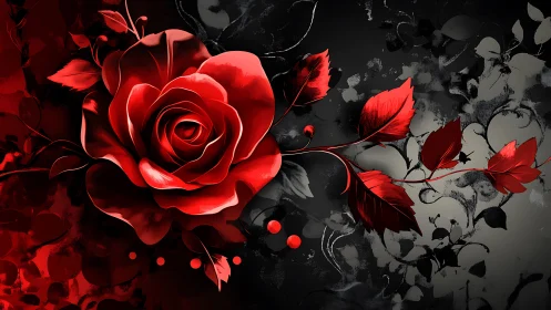 Luminous Crimson Rose with Grayscale Botanical Composition and Particle Effects