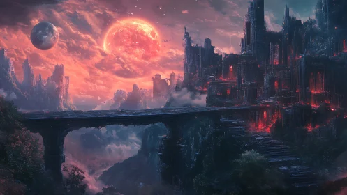 Alien red moon over dark fortress and stone bridge.