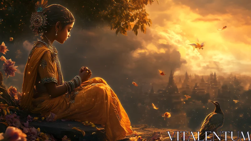 Girl in traditional attire beside bird at sunset cliff.