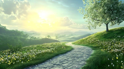 Stone path through green hills under bright spring light.