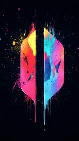 Vertical split color emblem with paint splatter symmetry