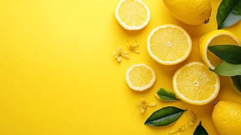 Cut lemons rest on vivid yellow background with green leaves